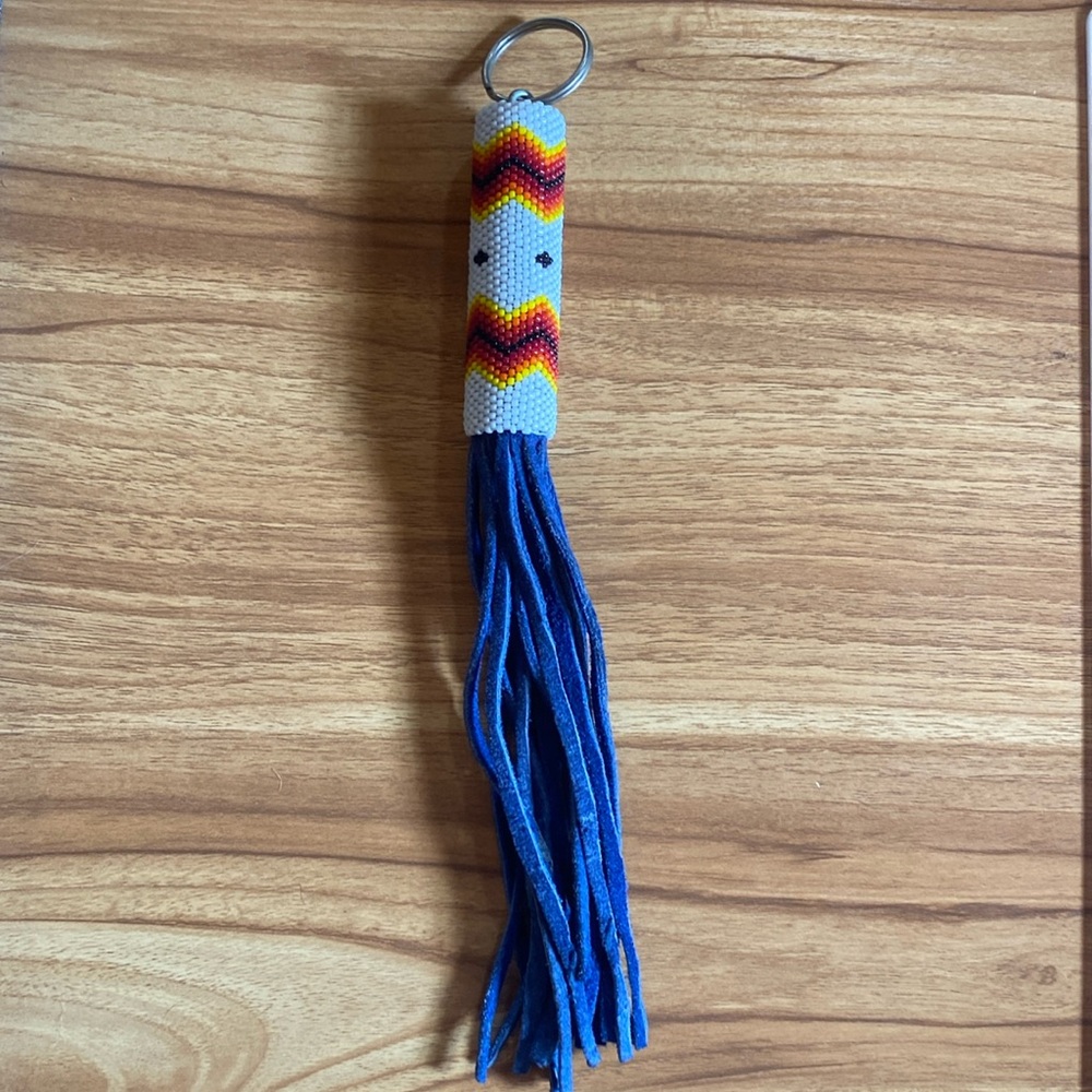 Beaded Blue Suede Leather Fringe Native Style Keychain